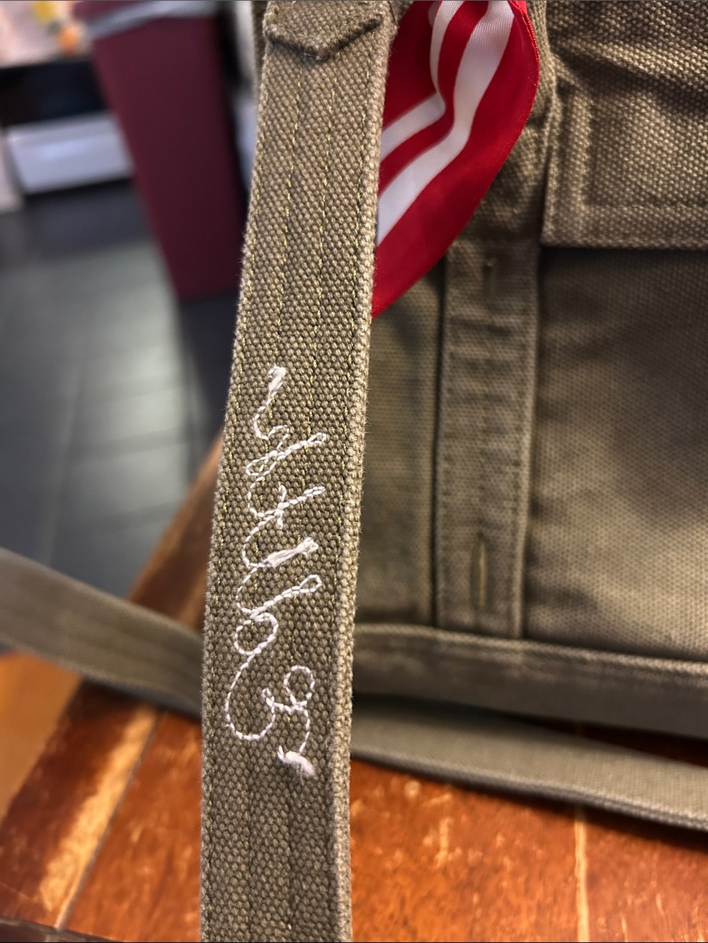 Gap Bag Small Olive Canvas Tote with Red Scarf-Wrapped Handles - Picture 4 of 10
